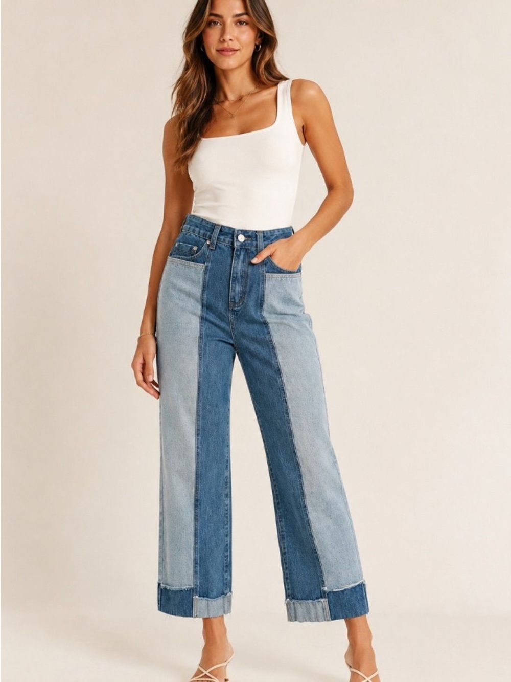 Two-Tone High-Rise Cropped Wide Leg Patchwork Jeans